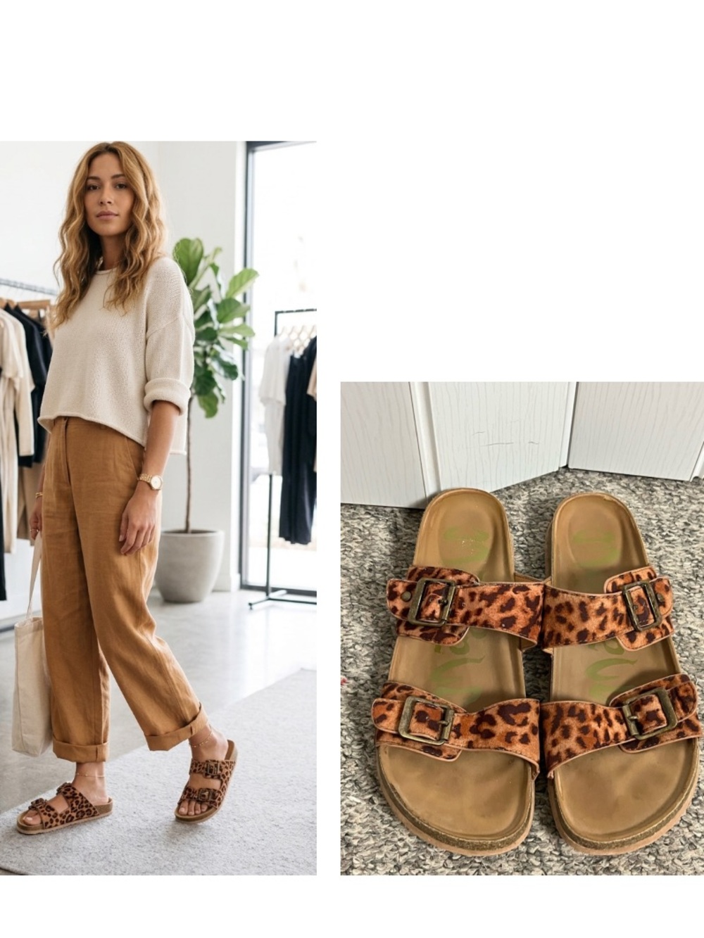 Leopard Print Double-Buckle Slide Sandals - Brown